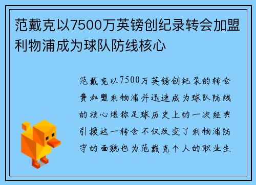 范戴克以7500万英镑创纪录转会加盟利物浦成为球队防线核心 范戴克以7500万英镑创纪录转会加盟利物浦成为球队防线核心